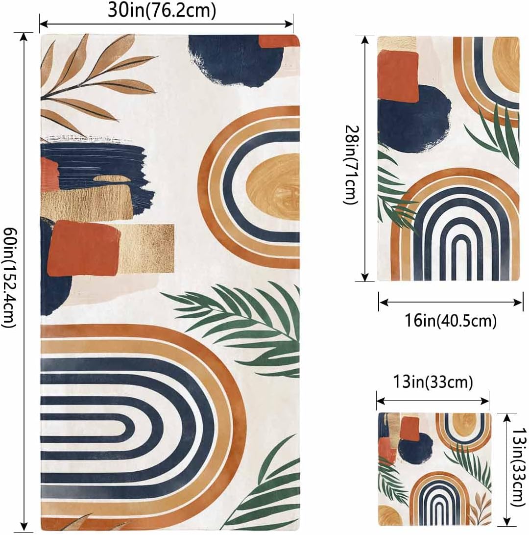 Boho Bath Towels Set of 3, Palm Leaf Abstract Leaf Geometric Art Soft Absorbent Facecloth Bath Towel Hand Towel Washcloth Set, Boho Theme Decorative Towels for Beach Bathroom Gym Spa Swim