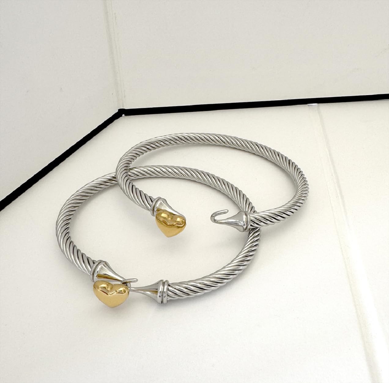 Adjustable Twist Stainless Steel Cable Wire 14K Gold Plated Love Heart Charm Bracelets Friendship Open Bangle Wrist Cuff for Women Men - Image 4