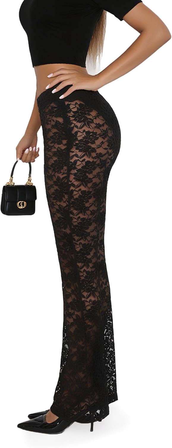 Lace Flare Pants for Women, See Through Mini Bell Bottom Black Sexy Sheer Leggings High Waisted Club Party Trousers - Image 3