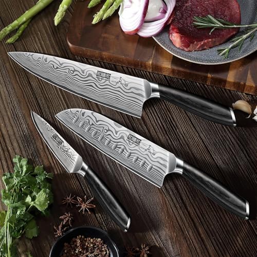 Image of HOSHANHO 3 Pieces Knife Set, Professional High Carbon Powder Steel Kitchen Knife Set, Ultra Sharp Knives Set for Kitchen with Elegant Gift Box