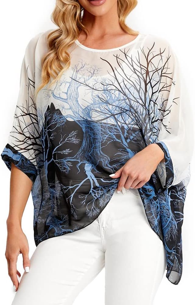 Ckikiou Womens Batwing Loose Chiffon Summer Blouse Tunic Floral Printed Boho Beach Cover ups