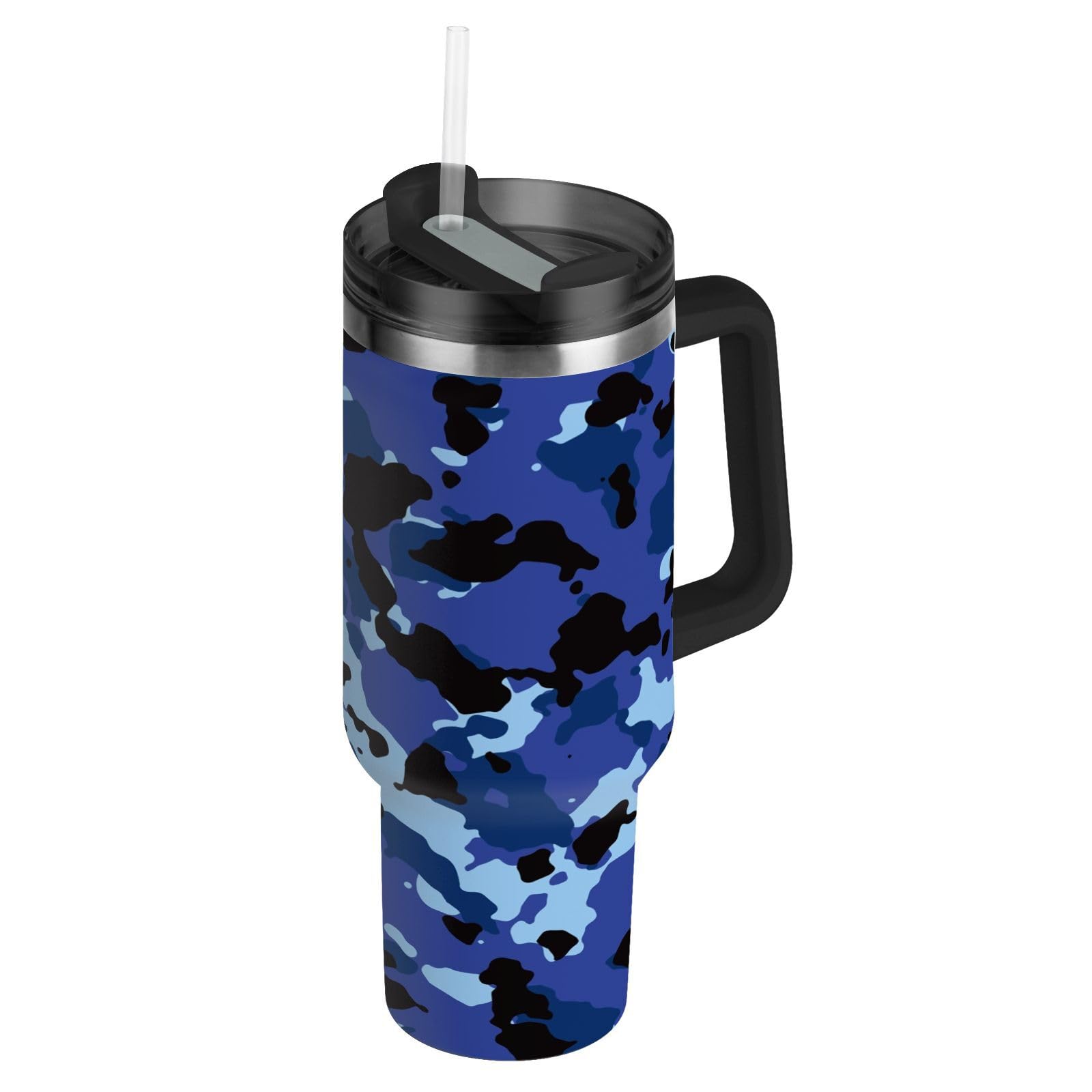 Isolierter Trinkbecher, doppelwandig, Edelstahl, Thermobecher, Reisebecher mit Griff, Strohhalm-Deckel, Blau