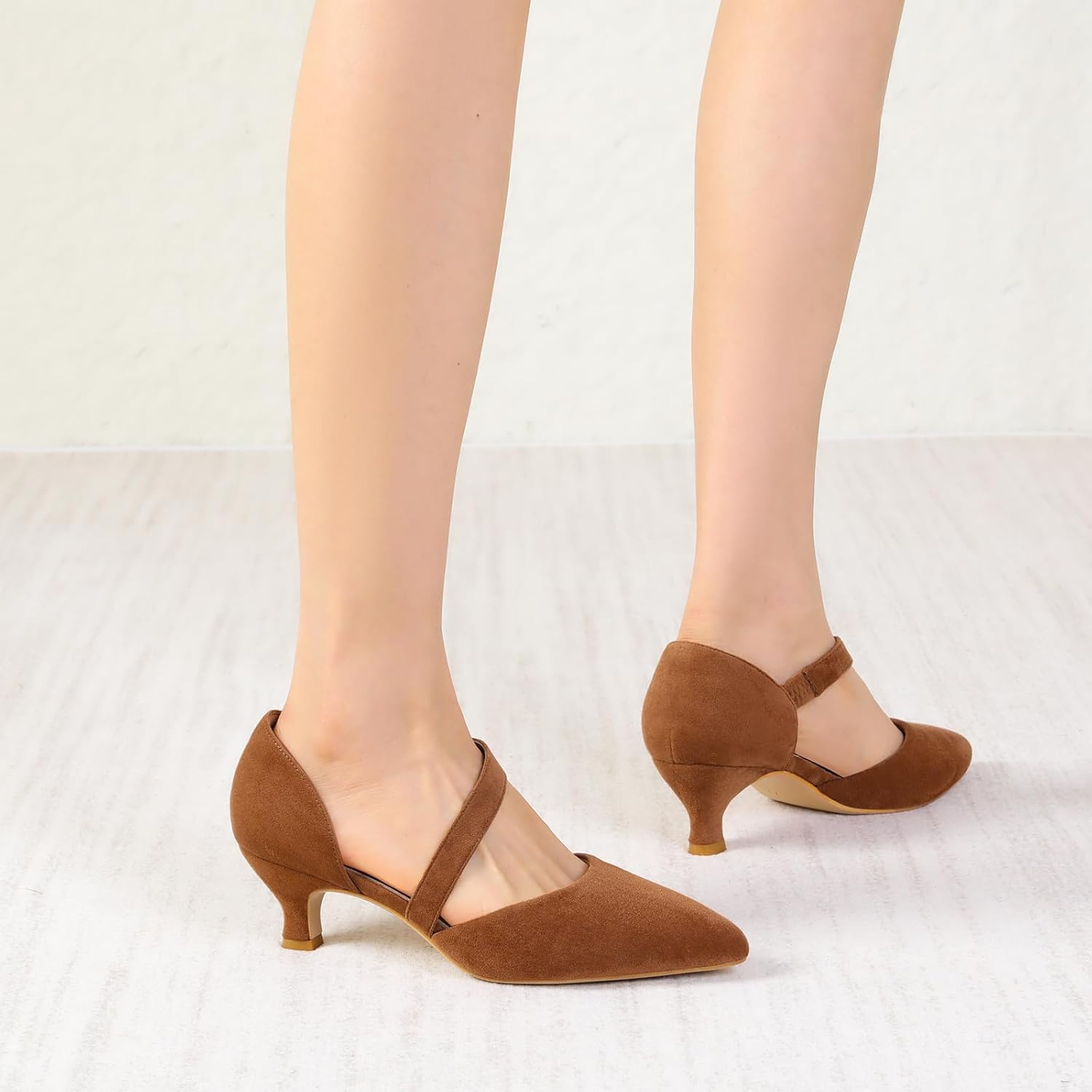 RIBONGZ Kitten Heels for Women Closed Toe Comfortable Low Heels Pointed Toe Sexy Slip on Pumps Bridal Party Dressy Shoes - Image 3