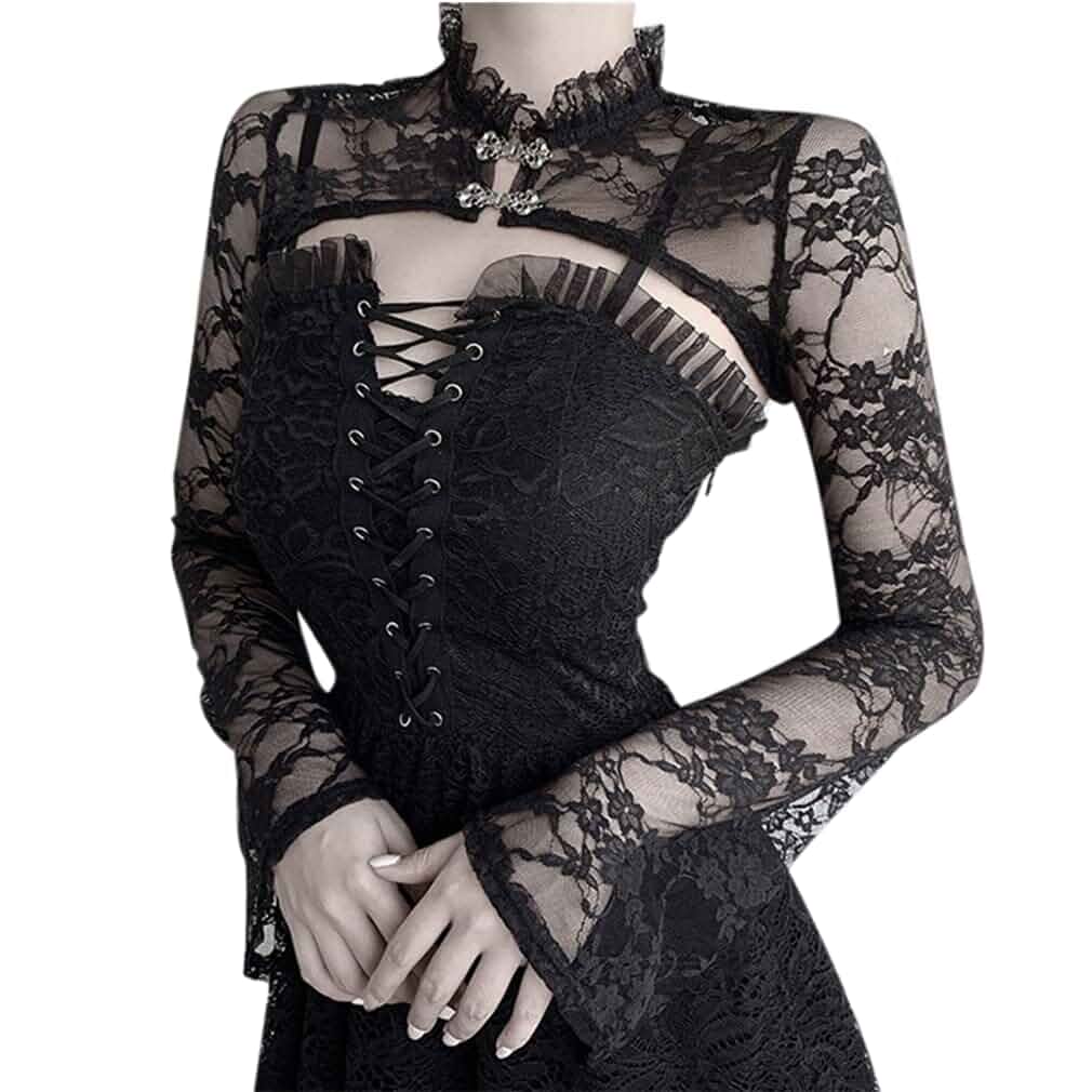 Twfsgirl Lace Bolero Shrug Long Sleeve Black Goth Cropped Cardigan Top | Gothic Punk Evening Wedding Shawl For Bride