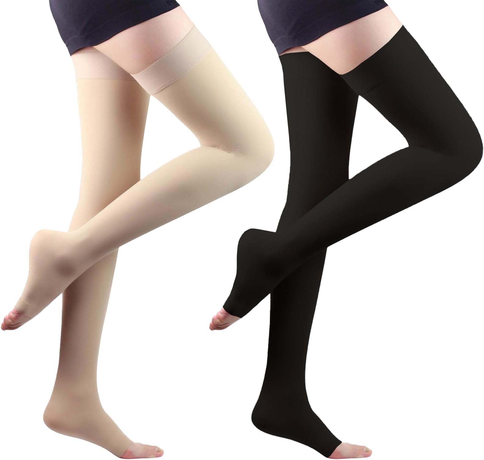 Lin Performance 15-20 mmHg Compression Stockings for Women and Men Thigh High Dot-Top Open Toe Socks for Varicose Vein Swollen legs Travel Flight Pregnant 2 Pairs (1Black1Beige,L)