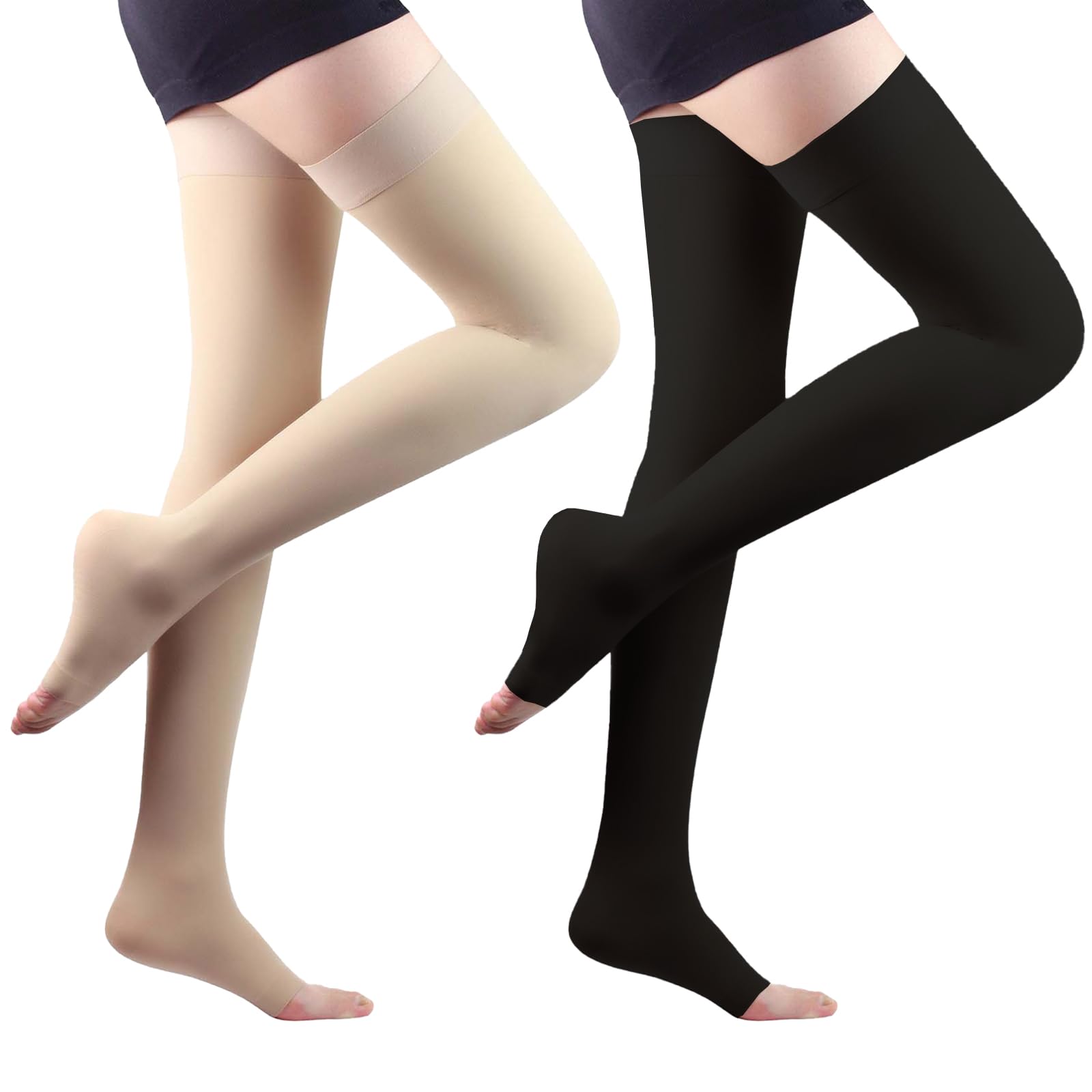 Lin Performance 15-20 mmHg Compression Stockings for Women and Men Thigh High Dot-Top Open Toe Socks for Varicose Vein Swollen legs Travel Flight Pregnant 2 Pairs (1Black1Beige,L)