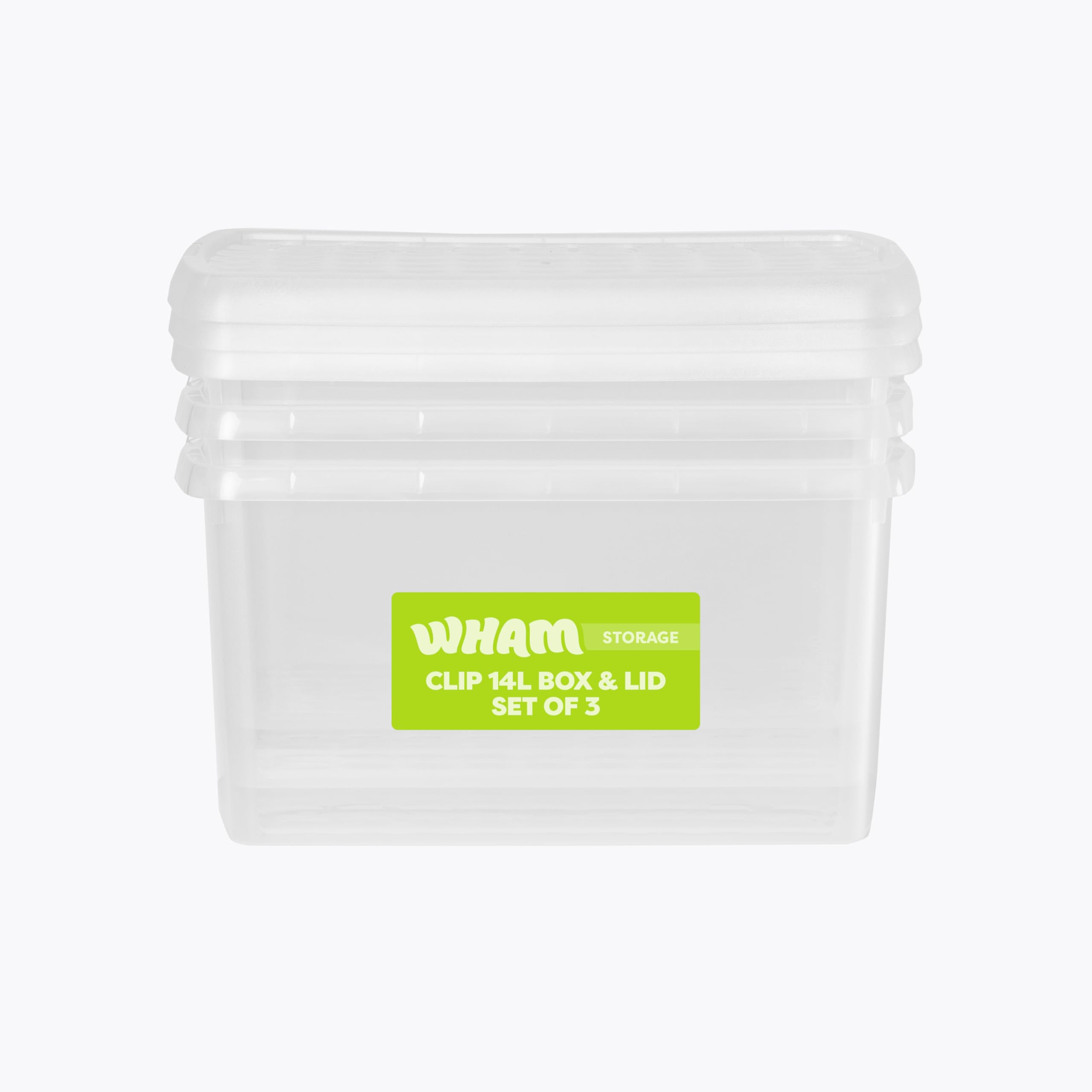 Wham Clear/Clear Clip 3 X 14L Rectangular Stackable Plastic Storage Boxes With Lids | Ideal For Home, Office, Toys & More | Storage Containers With Clip Locks | Made In Uk