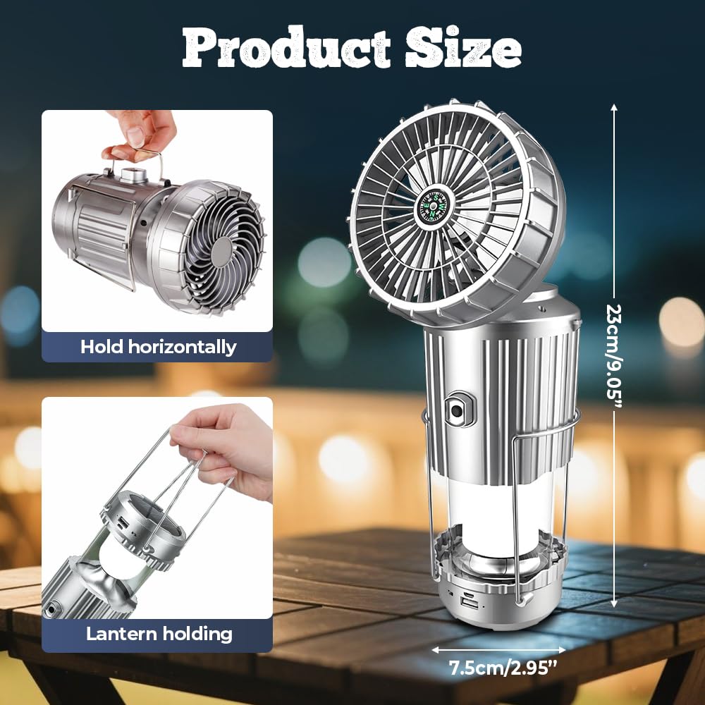 Lanterna da campeggio portatile a LED con ventilatore, ventilatore da campeggio solare di ricarica per telefono per tenda da campeggio, uragani, interruzioni di corrente, tempesta, per interni ed