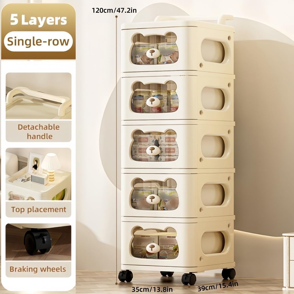 Storage Drawer Organizer with Wheels, 5 Tier Rolling Cart Organizer, Draw Slid Cabinet Configurable Storage for Closet, Apartment, Bathroom, Dorm, Kitchen, Laundry & Craft Room