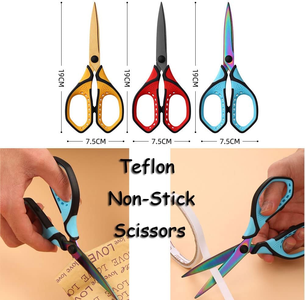 Jasni 3 Pack Teflon blackening Non-Stick Premium 7.5" Titanium No Rust Super Sharp Scissors Shears Soft Comfort-Grip Scissors for Office School Home Art Craft DIY student scisosrs paper Sewing Fabric