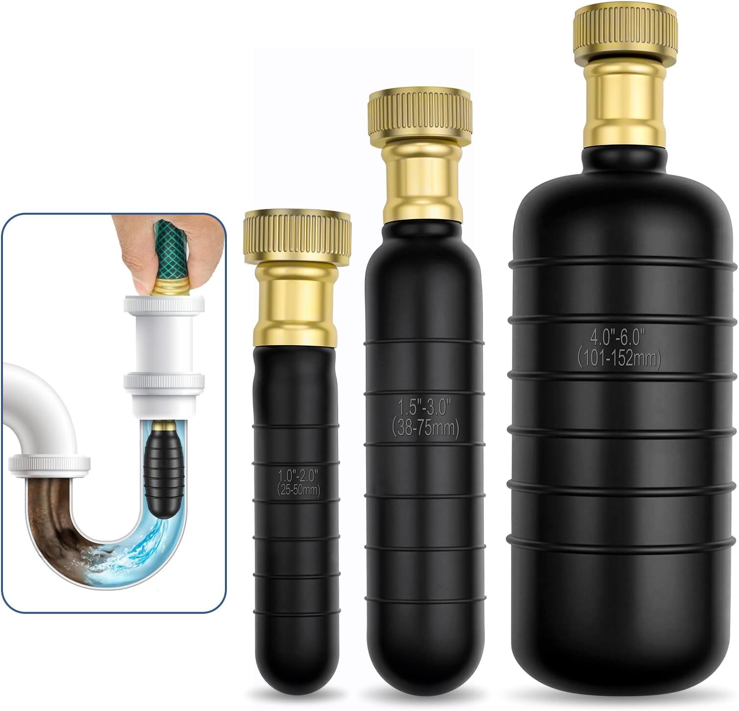 3 Pack Drain Bladder Kit, Rubber Drain Cleaning Bladder Fits 1”–6” Pipes, Unclogger for Sinks, Showers, Bathtubs, Pools, Main Drains & Outdoor Sewer Lines