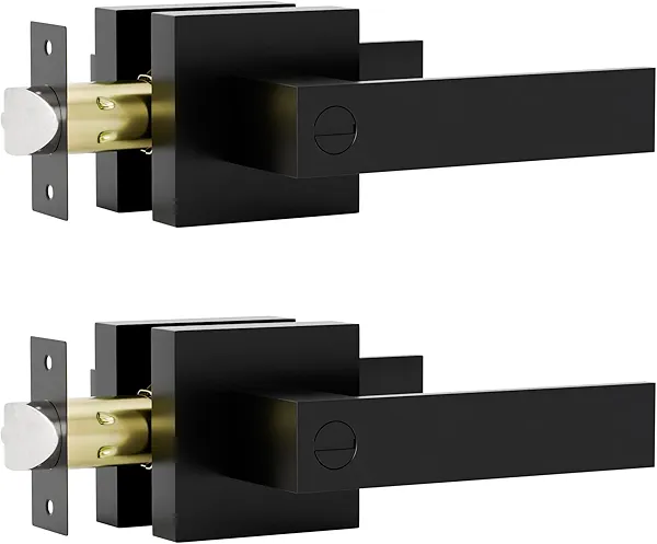 Black Interior Door Knobs Door Lever Handles Set,Keyless Privacy Passage Levers Heavy Duty Leverset Lockset for Bedroom Bathroom,Entrance Handleset Reversible Flat Levers,Square Door Lock,2 Pack