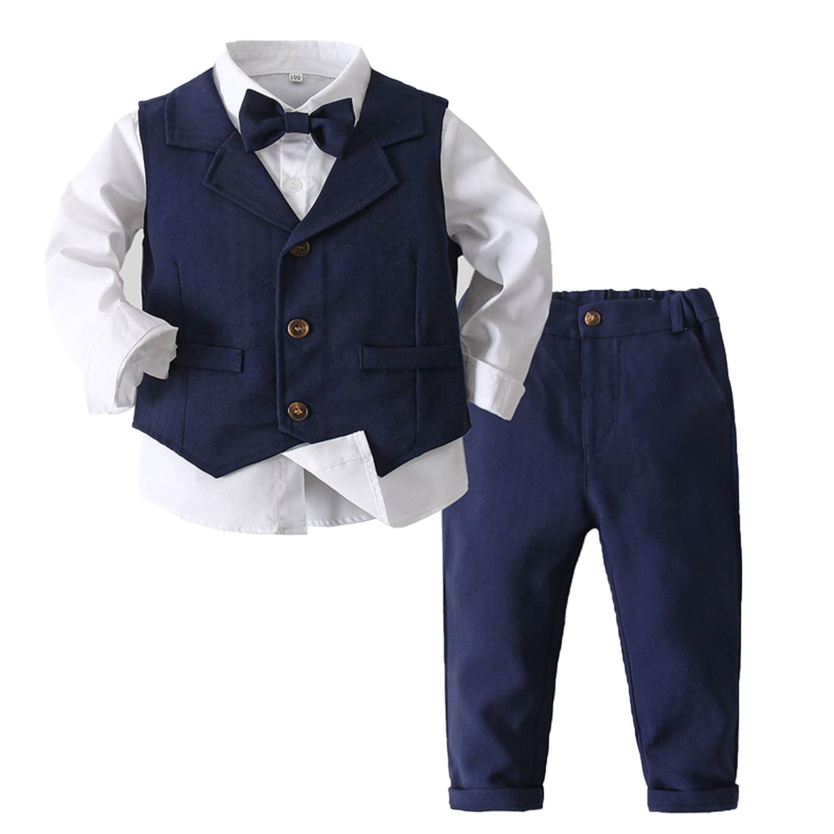 Choomomo Toddler Baby Boys Gentleman Outfit Suit Long Sleeve Formal Shirt + Bow Tie + Tuxedo Vest + Pants Navy 3-4 Years