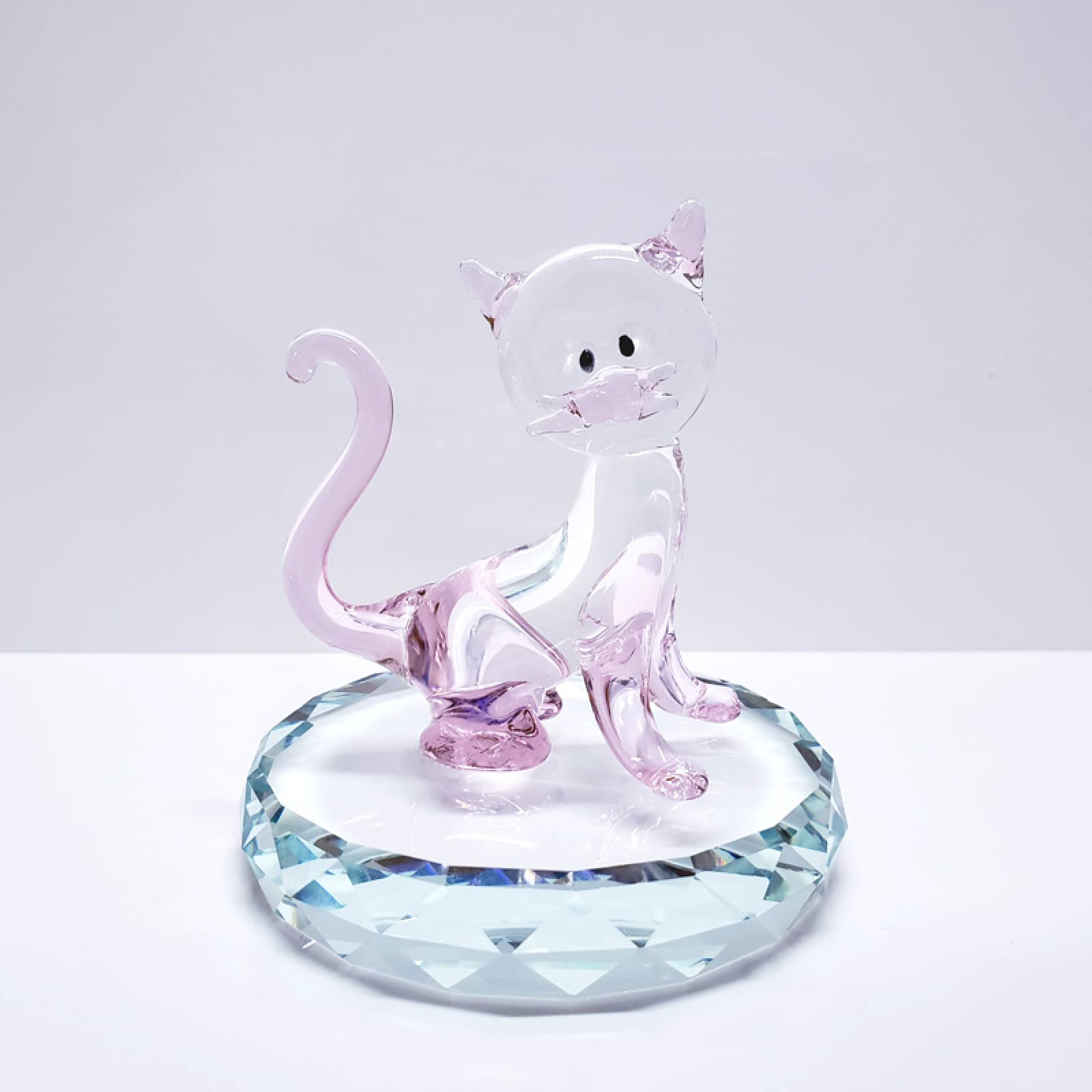 Ornamenti di cristallo Gatto rosa con base Figurina animale in vetro artificiale Regalo di nozze di compleanno fatto a mano Tavolo da pranzo vivente Decorazioni per la casa