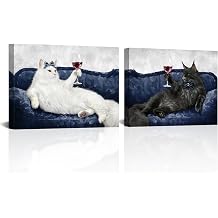 LoveHouse Navy Cat Wall Art Funny Cat Drinking Canvas Prints Maine Black and White Coon Pictures Paintings for Dining Room Bedroom Wall Decor 12"x16" 2pcs