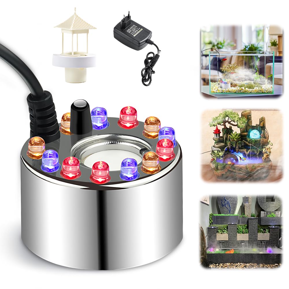 Macchina Fumo, Nebulizzatore ad Ultrasuoni con 12 LED Luci Colorate, Macchina del Fumo Mini per Laghetto, Acquario, Giardino, Decorazione
