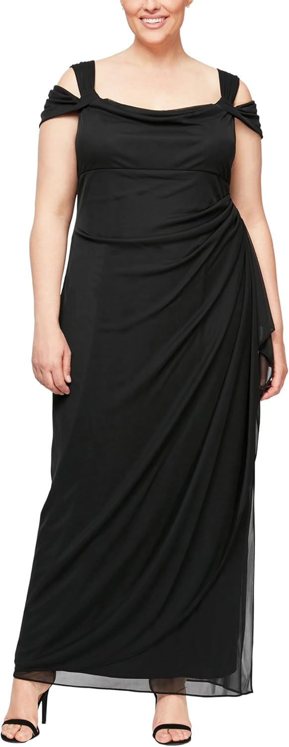 Alex Evenings Women's Plus Size Long Cold Shoulder Dress with Ruched Skirt