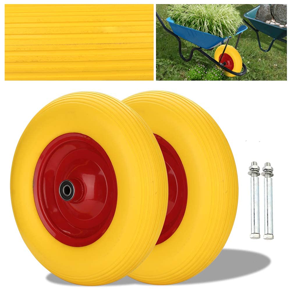 4 ruedas de carretilla 4.80 4.00-8 de goma maciza con eje, rueda de goma, resistente a pinchazos, rueda de repuesto, llanta de acero, neumáticos amarillos y rojos, para carros de jardín