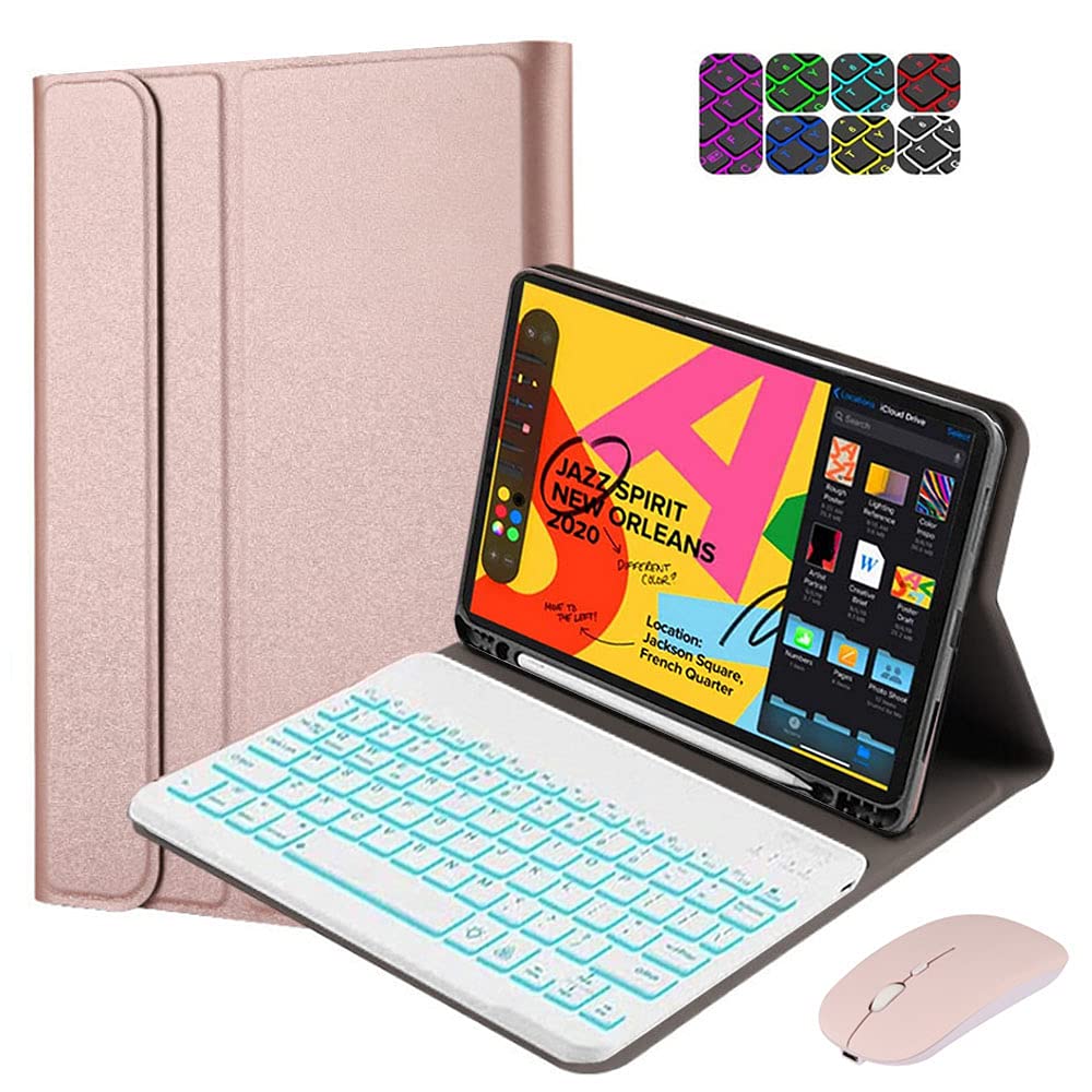 Étui clavier pour iPad 9.7 2018 (iPad 6e génération) – iPad 2017 (5e génération), Bluetooth sans fil amovible, rétroéclairé 7 couleurs, couverture en cuir à rabat intelligent, or rose