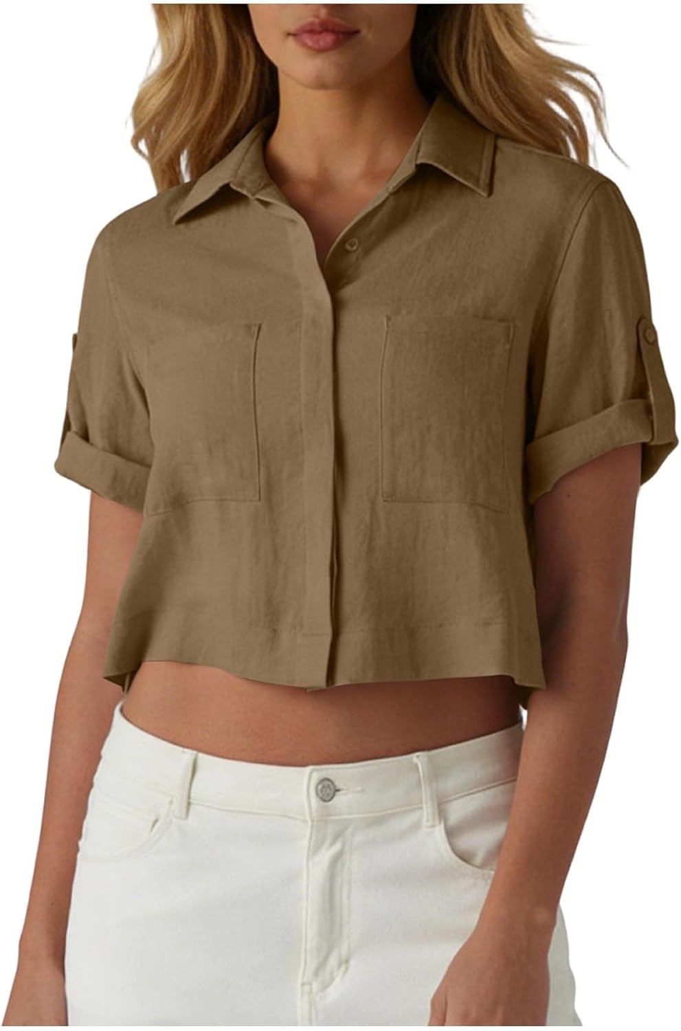 Womens Summer Tops Cotton Linen Crop Blouses Roll Up Short Sleeve Button Down Gauze Shirts Loose Trendy Clothes