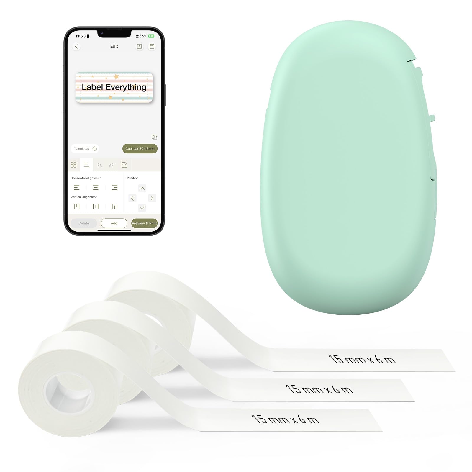 SUPVAN E10 Mini Bluetooth Label Maker Machine with 3 Tapes, Waterproof Label, Versatile App with 60+ Fonts and 660+ Icons, Inkless Labeler for Home, Kitchen, School, Office Organization, Green