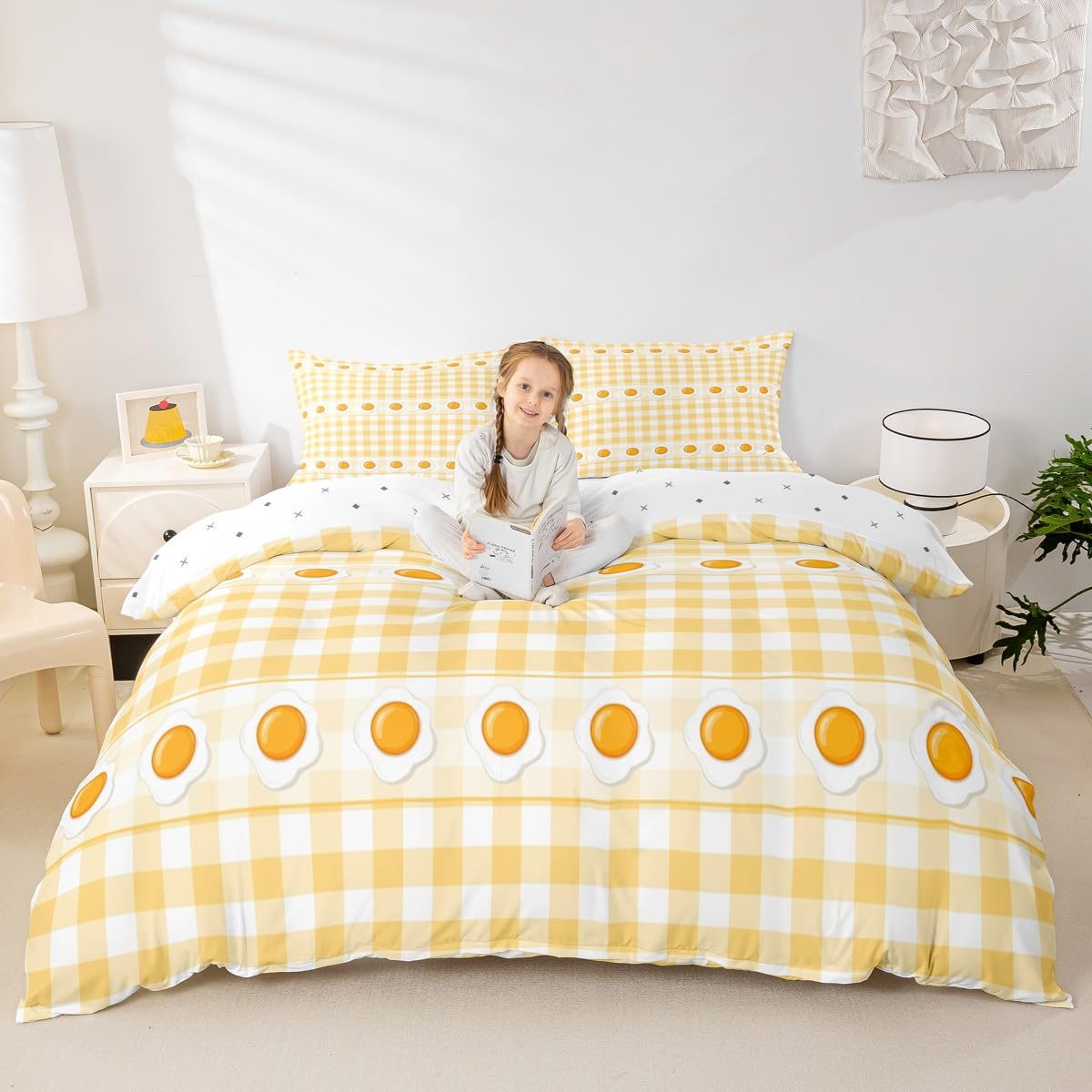 Housse de couette jaune et blanche œufs pochés Manfei pour cocooning et lit douillet