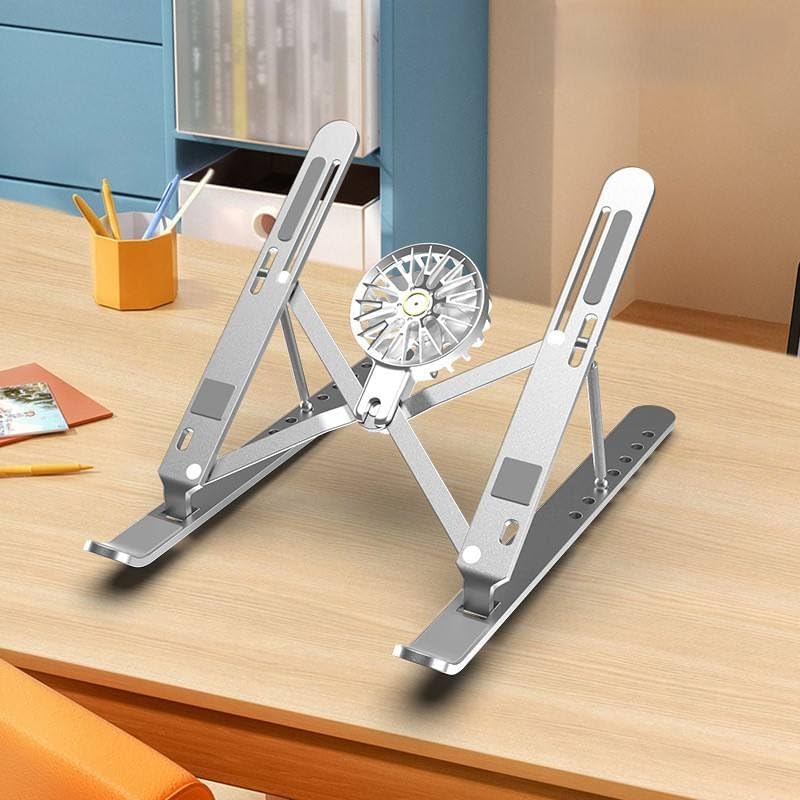 Image of Foldable Aluminium Alloy Laptop Stand with Detachable Cooling Fan, Adjustable Height, for Laptops and Tablets