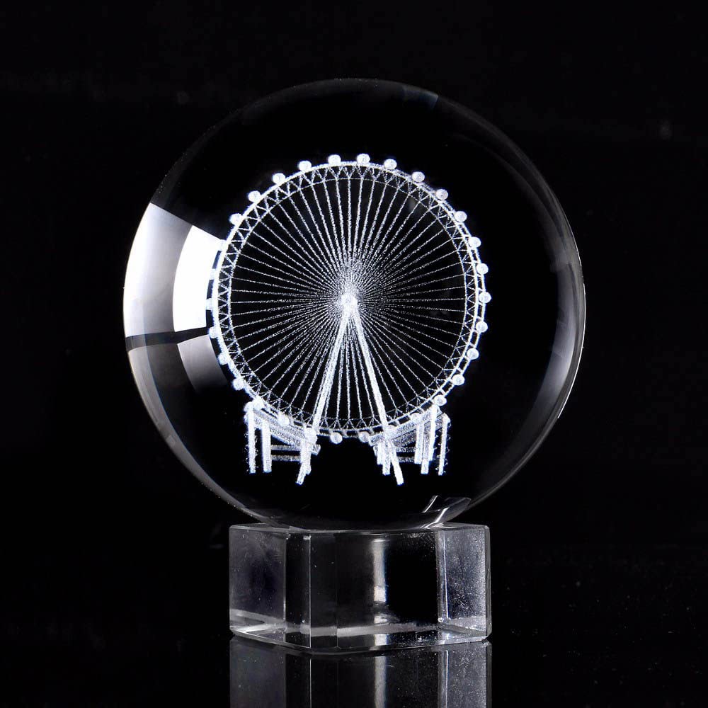 60/80mm 3D grawerowany diabelski młyn kryształowa kula 3D miniaturowy model kula szklana kula Ornament akcesoria do dekoracji domu prezenty, z kryształową podstawą, 80mm