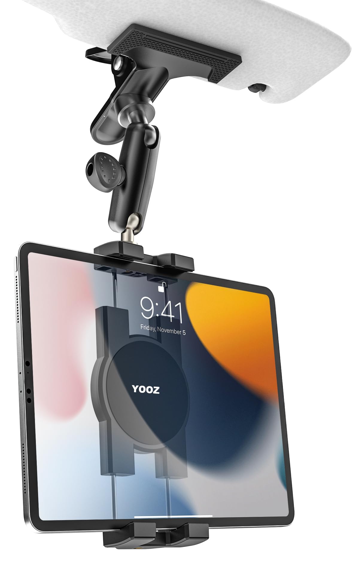 YOOZ Car Sun Visor Tablet Holder, Vehicle Visor iPad Mount Clip [Stable Without Shaking] Sun Shade Tablet Clamp with Adjustable Metal Arm for iPad,