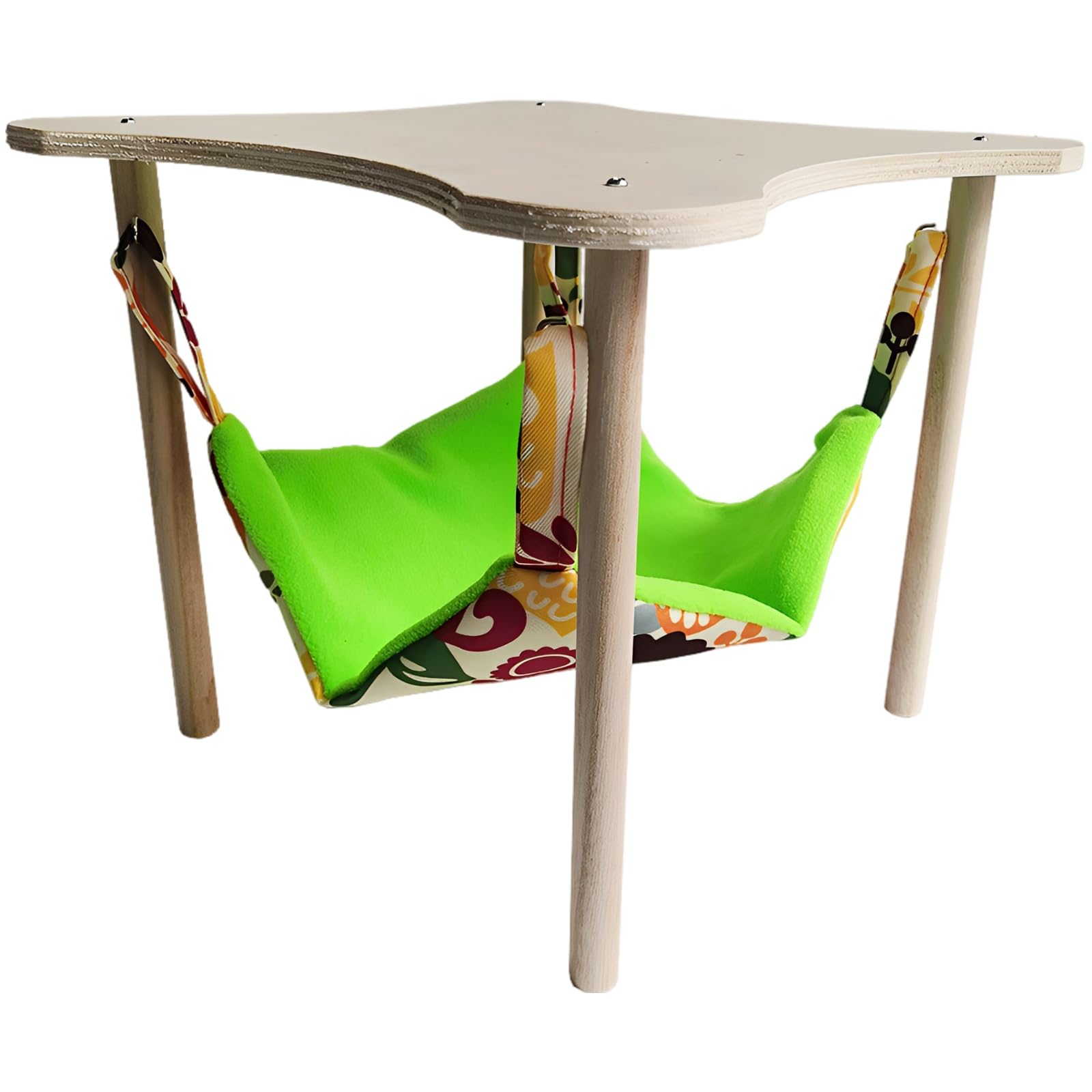 Meerschweinchen-Hängematte, 2-in-1 Hängesitz für Chinchillas und Hamster, Holz-Standplattform 11,0 x 11,0 x 9,5 Zoll, zum Ausruhen, Klettern und Schlafen, grün gemustertes Hängeversteck