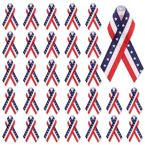 Image of 100pcs Patriotic Ribbon Pins Red White Blue Stripe Ribbon Pin for Men Women, Labor Day American Awareness Ribbons Pins Fabric Ribbons for National Police Independence Day Supplies