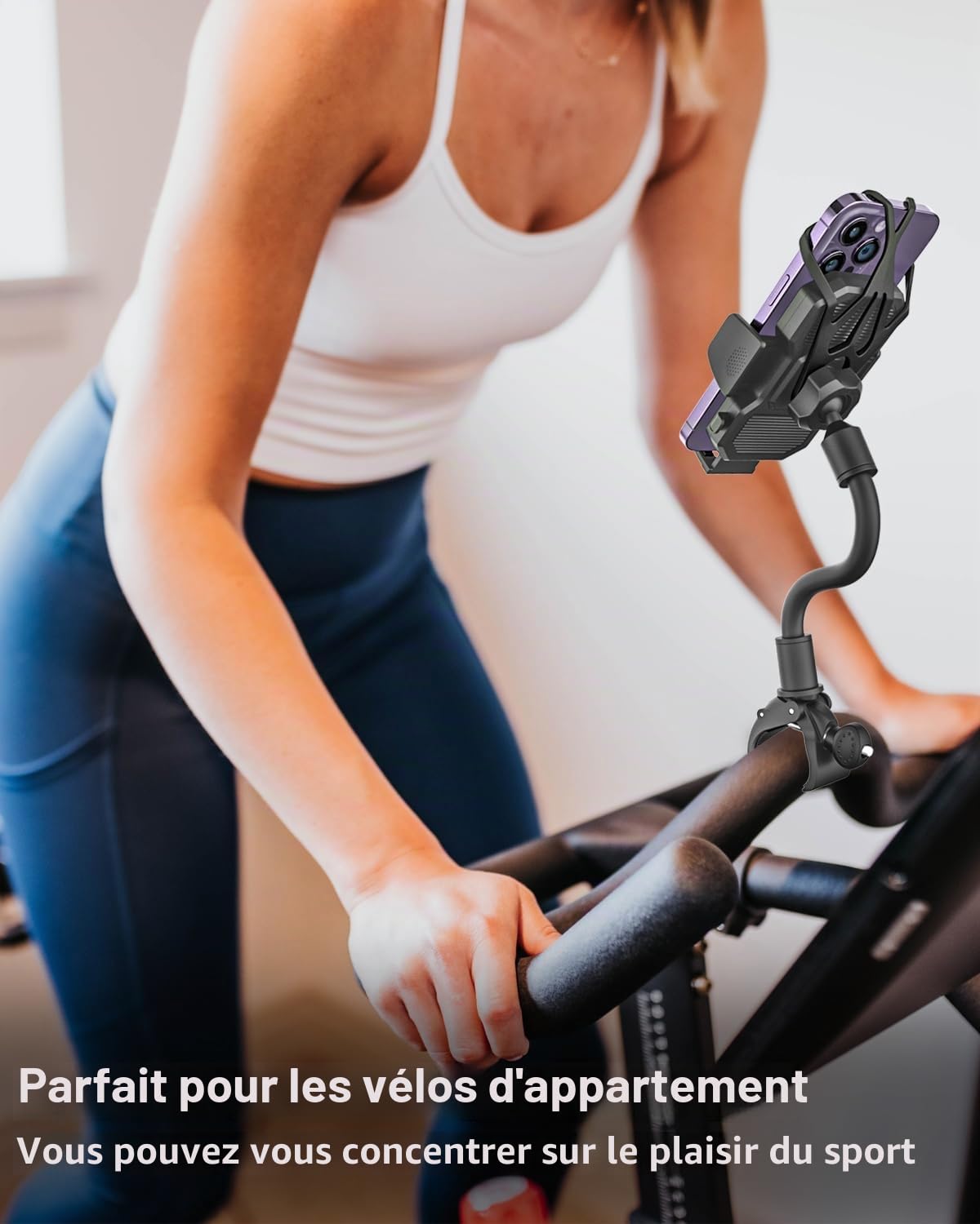 Support Téléphone Velo Guidon, Support Téléphone Tapis de Course en Col de Cygne [Durable Flexible] Porte Home Trainer Elliptique für iPhone 15 14 13 Pro Max, Samsung, 4-7" Smartphones