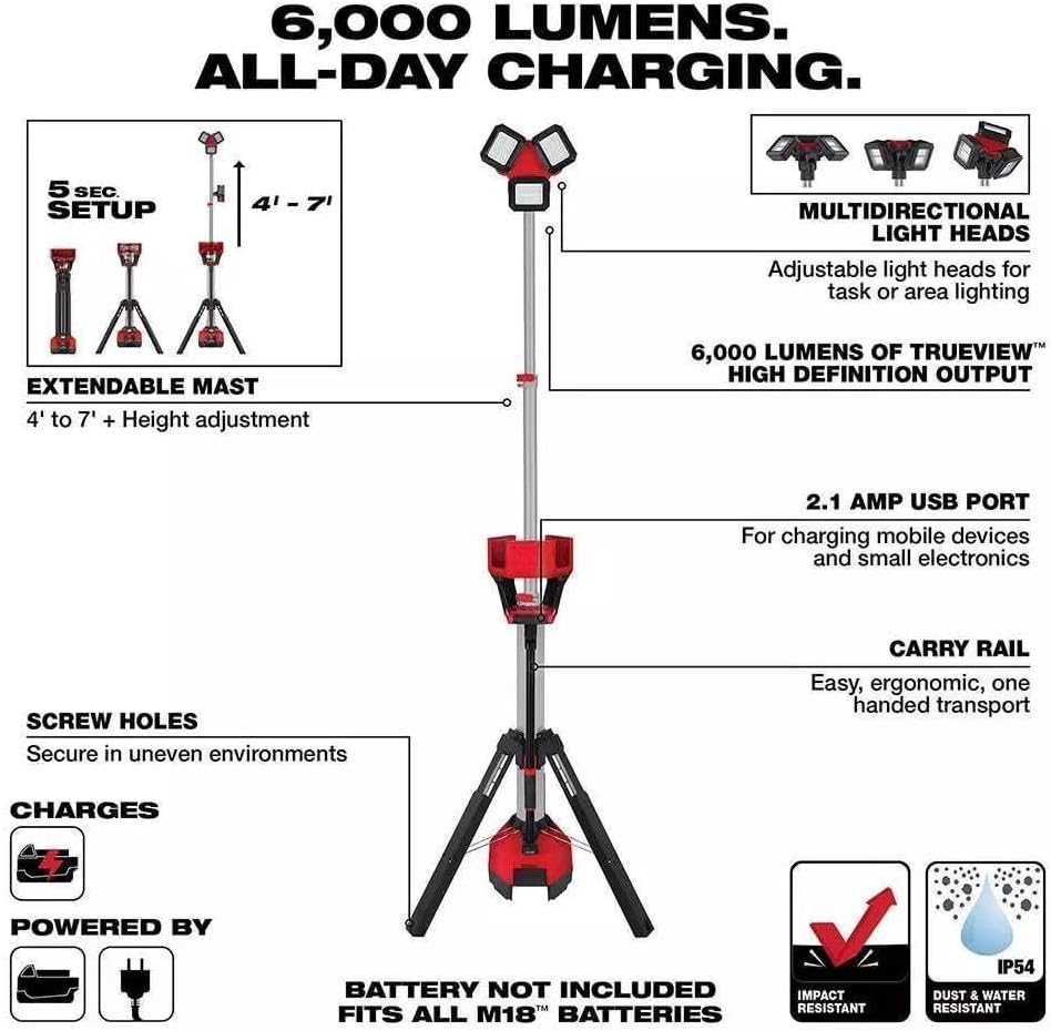 2136-20 Cordless Tripod Light for Milwaukee M18 18V Rocket 6000 Lumens Li-Ion Tower Light