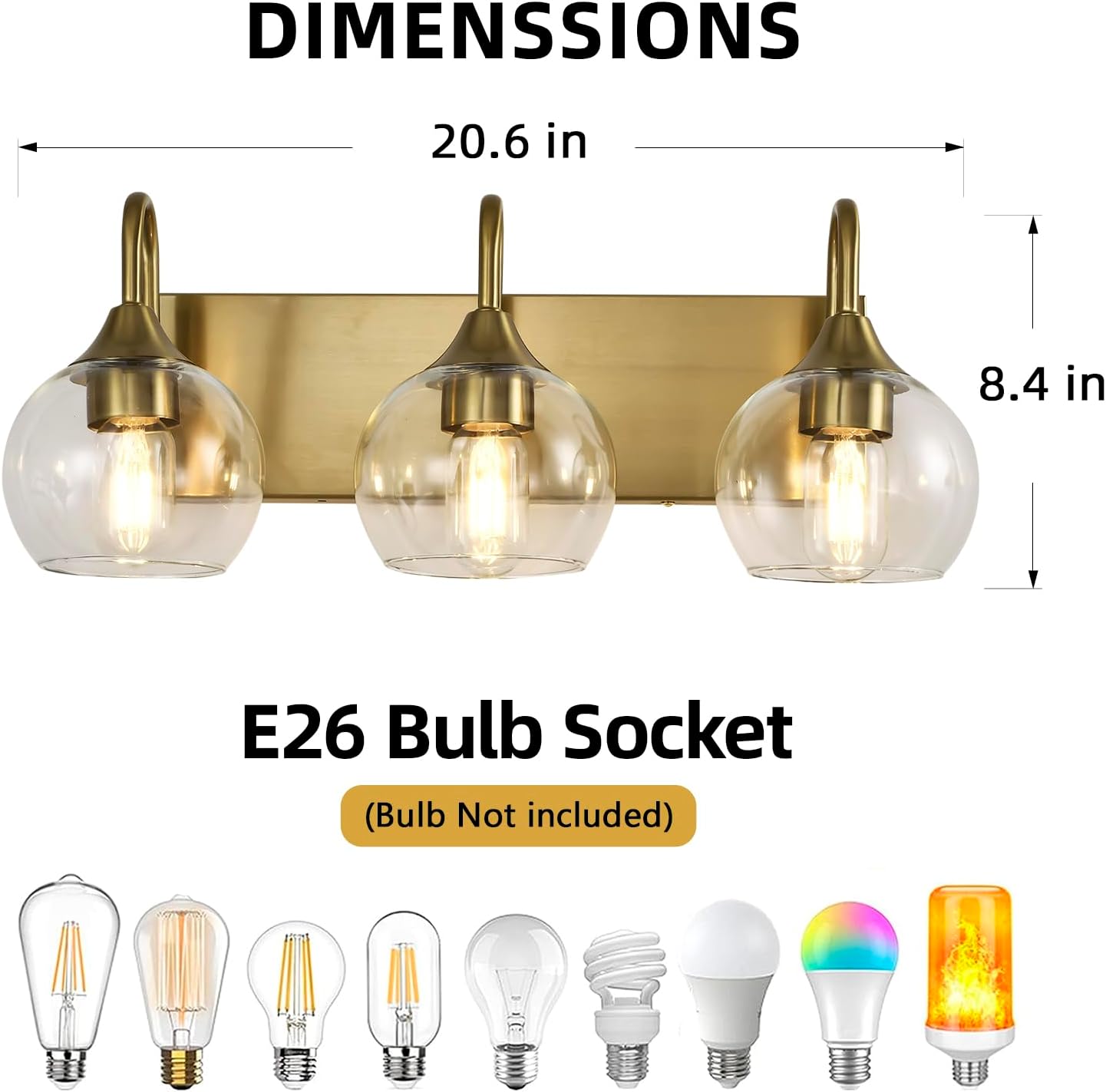 Bathroom Light Fixtures, 3-Light Brushed Gold Vanity Light Over Mirror, Modern Wall Sconces 21" with Clear Glass Globe Shade, Bathroom Wall Lights for Mirror Kitchen Bedroom Hallway