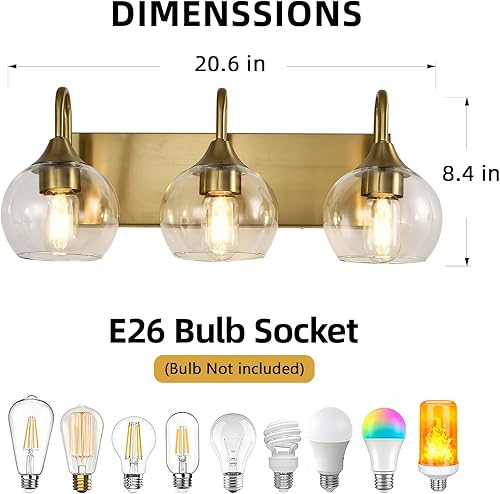 Miniatura 8 de Lámparas de baño, 3 luces doradas cepilladas sobre espejo, apliques de pared modernos de 21 pulgadas con pantalla de globo de vidrio transparente,