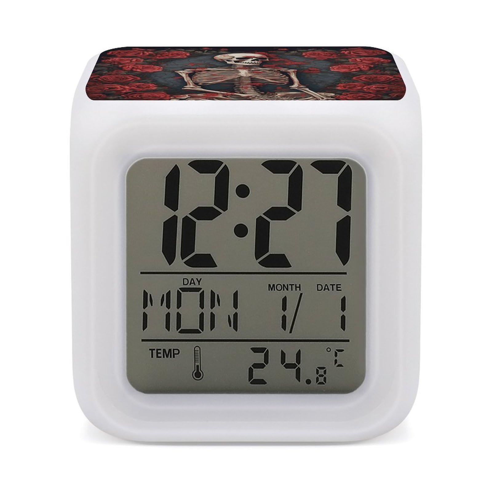 FekiLoot Skeleton with Roses Alarm Clock for Heavy Sleepers Small Digital Alarm Clock with Date Temperature Wake Up Digital Clocks with 7 Colors Changing Desk Clocks for Bedroom Bedside Nightstand