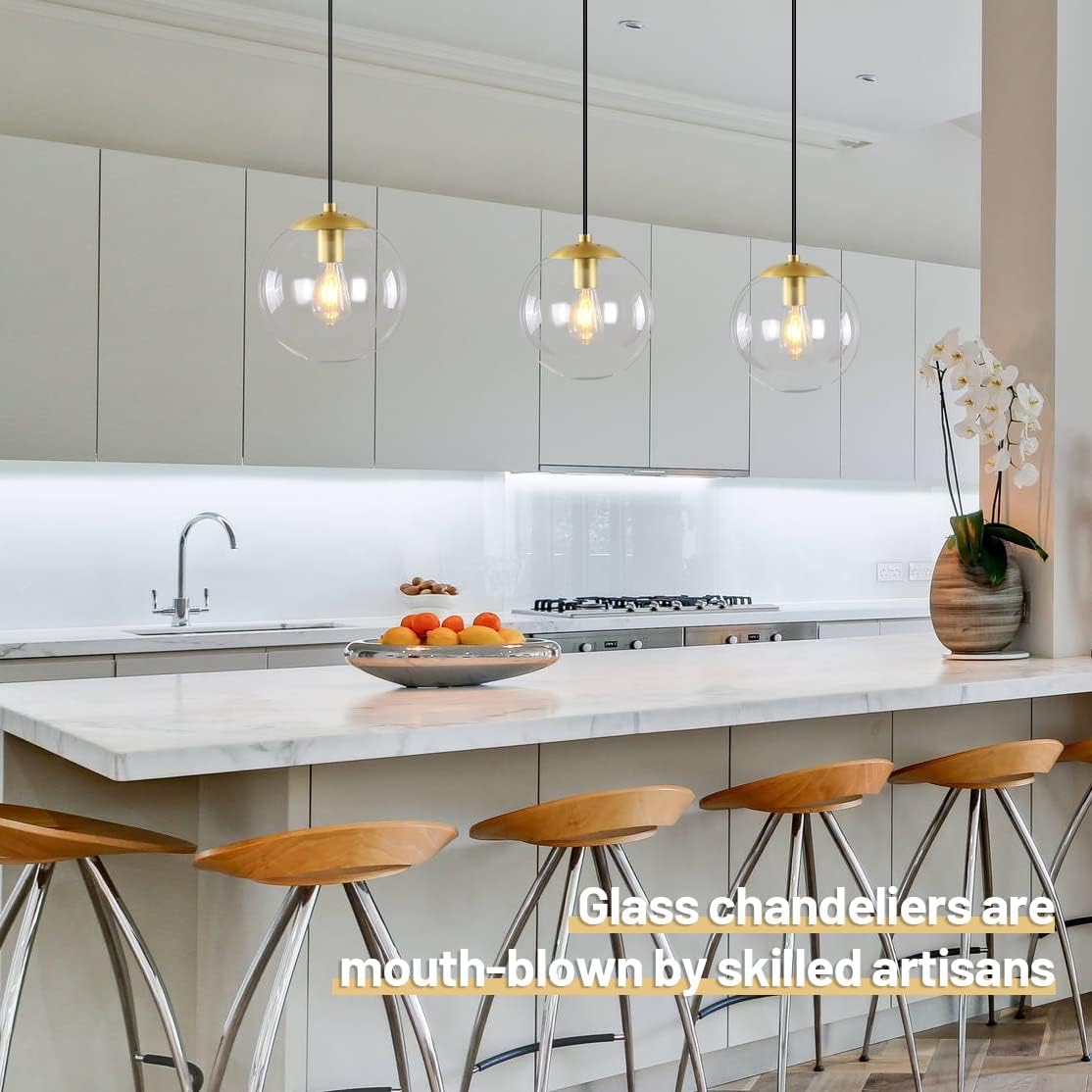 KoKo&Yukina 6-inch mini Modern Globe Pendant Light Clear Glass with Brass Finish Contemporary Mid Century Adjustable Hanging Light Fixture for Living Room Bedroom Kitchen Island (Bulb Incl.)