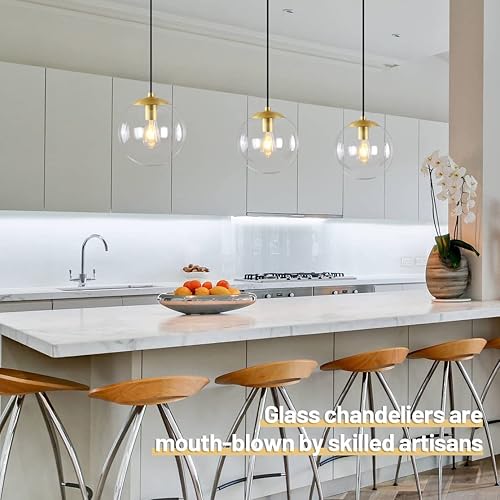 Miniatura 3 de KoKo&Yukina Mini lámpara colgante moderna de globo de 6 pulgadas de vidrio transparente con acabado de latón, lámpara colgante ajustable