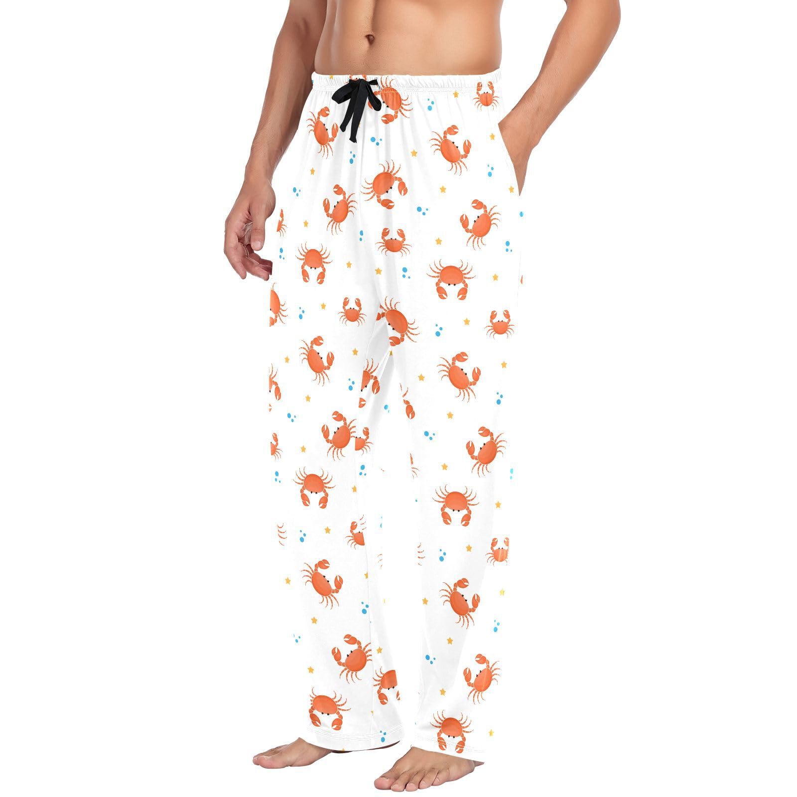 Herren-Schlafanzughose mit Cartoon-Krabben-Stern, 100 % Baumwolle, weiche Pyjamahose für Herren, Lounge-Nachtwäsche, gerade Passform, lange Schlafhose mit Taschen, Kordelzug, Größe XXL,