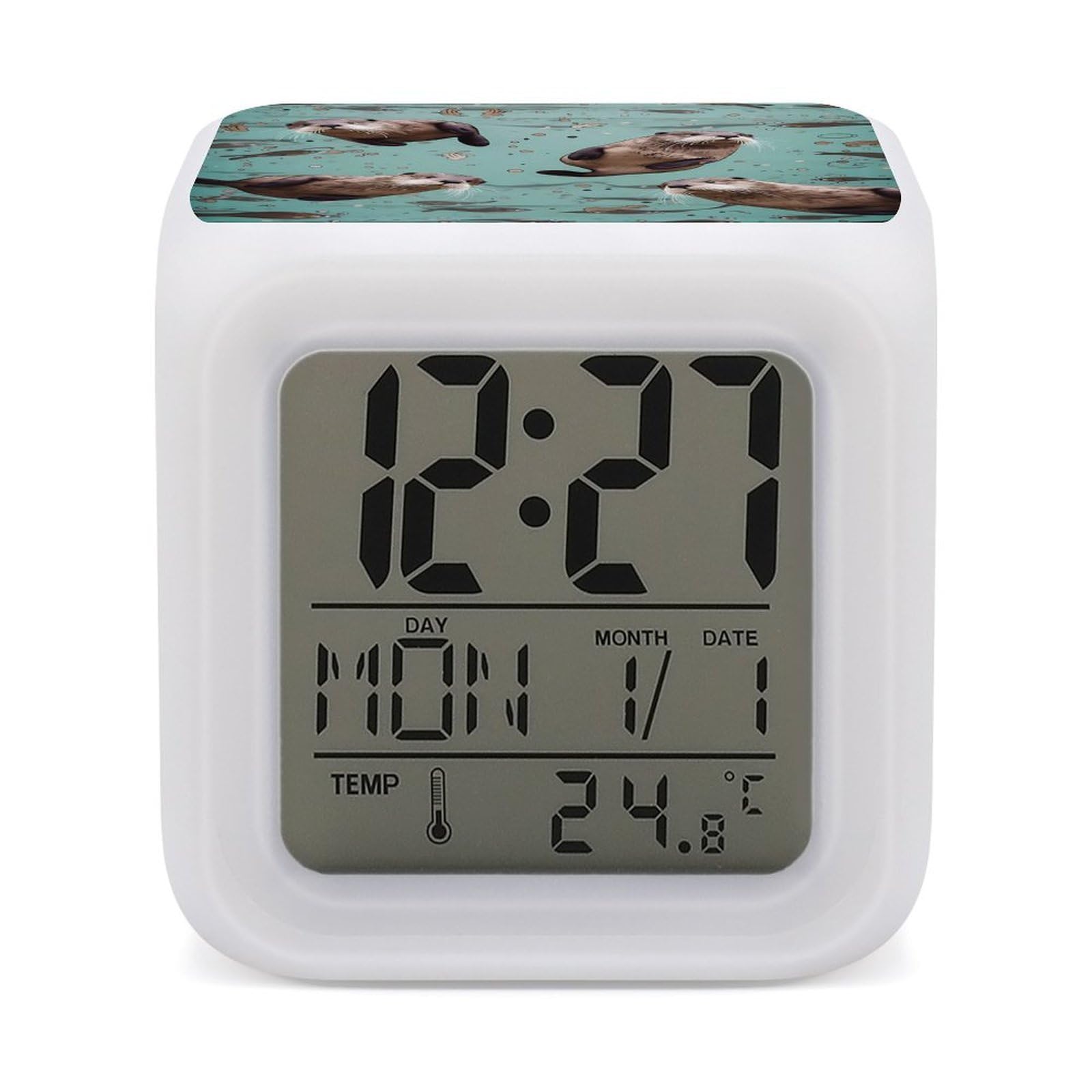 DWVTSLH Otters Alarm Clock with 7 Color Changing Night Light, Wake Up Digital Clock for Bedroom, Bedside Cube Clock with Date, Temperature, Battery Operated Desk Clock Gift