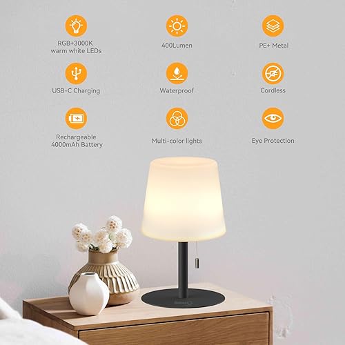 Miniatura 6 de Lámpara de mesa inalámbrica portátil, funciona con pilas, impermeable, batería recargable incorporada, luz nocturna regulable para baño, patio,