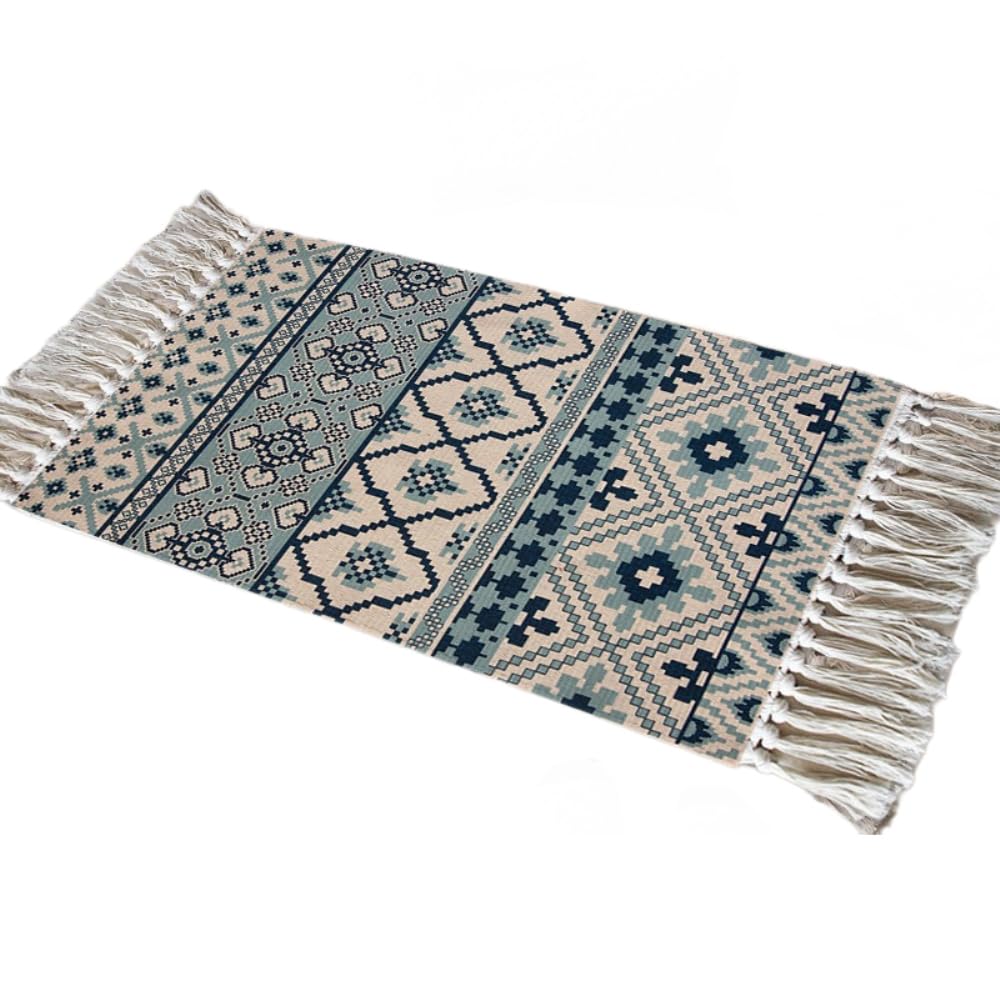 Aniyan Teppich 60x150 cm Boho Baumwollteppich Waschbar mit Quasten, Webteppich Faltbar für Camping Outdoor, Wohnzimmer Schlafzimmer Küche Flur, Handgewebter Antirutsch L?Ufer (Stil E)