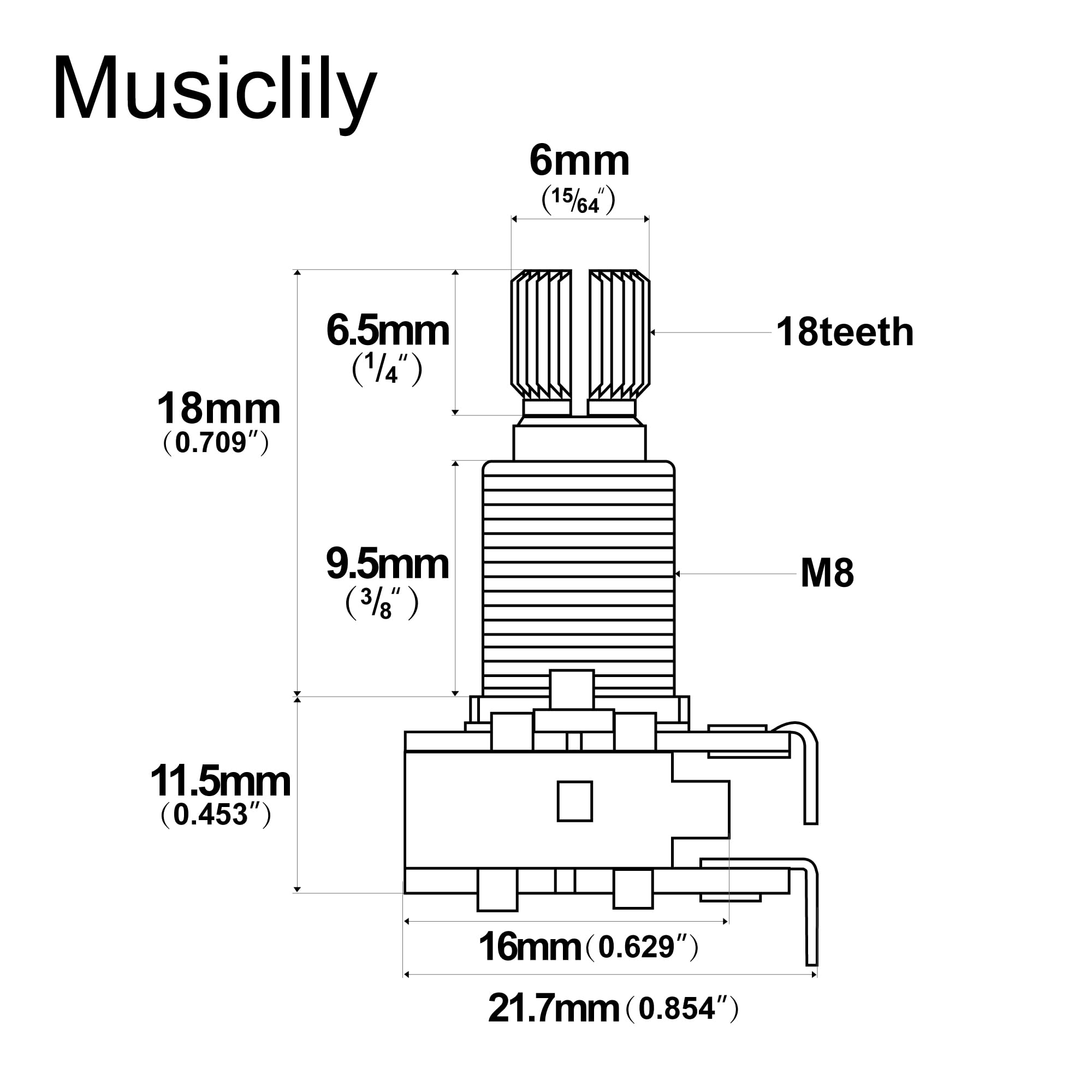 Musiclily Pro Brass Gwint Mini Metryczna Potencjometr Gitaryowy MN250K Podwójny do Gitary Elektrycznej i Basowych (2 szt.)
