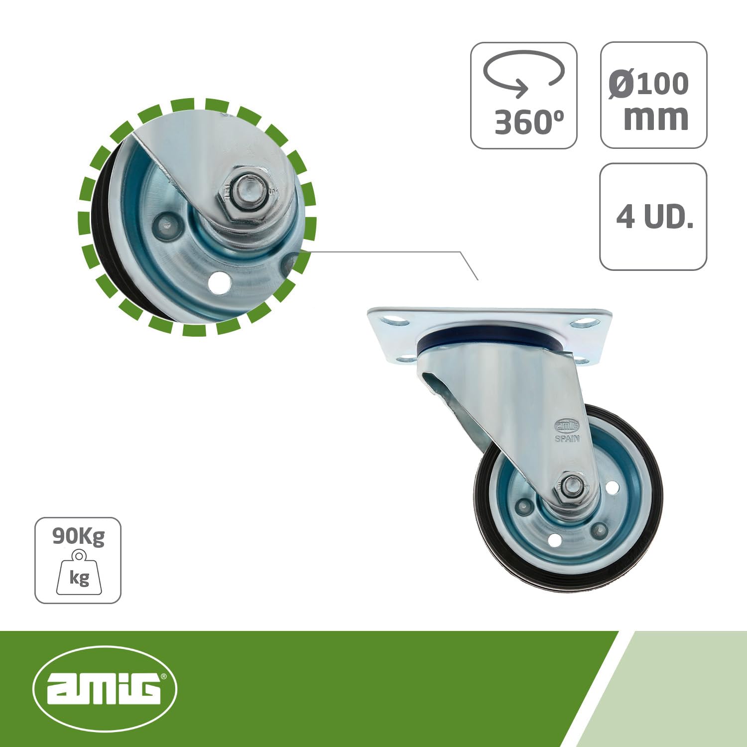 Castors Wheels - Kit 4 Ruote 100 Mm In Gomma Elastica Blu Senza Freno - Ruote Pivotanti Per