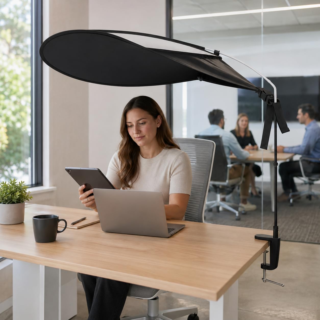 Aida & Hani Cubicle Desk Shade, 50"x38" Privacy Canopy, Helps Block Up to 99% of Overhead Light, Deflects Vent Airflow, Adjustable Pop-Open Shade for Office & Home, Black