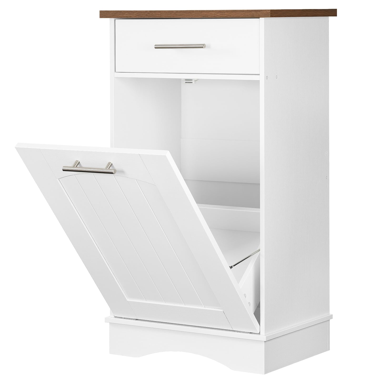 HOOBRO Armario de Basura Basculante, Armario para Residuos EWH02LJ01 | Basurero de 37 L Oculto Anti Mascotas, Puerta Basculante y cajón, Cesta de Lavado Oculta, Cocina, Lavandería, Blanco y Nogal