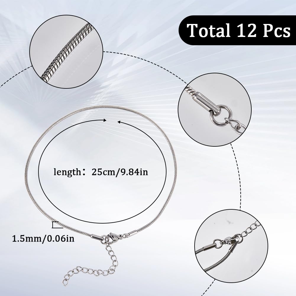 SUNNYCLUE 1 Box 12Pcs Snake Chain Charm Bracelet Silver Charm Bracelets Bulk with Lobster Clasp Stainless Steel Metal Adjustable Snake Chain Bracelet for Jewelry Making Chains Supplies DIY Craft Women