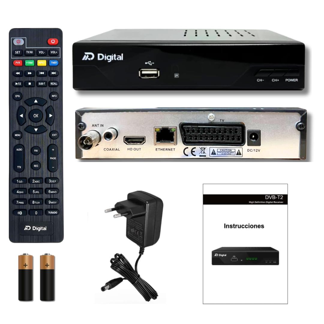 TDT Récepteur HD Full HD Espagnol H265+ 10bit, FTA DM-Digital, DVB-T2, USB, HDMI, LAN, SCART, Wi-Fi, télécommande universelle IR 2 en 1, noir, métal