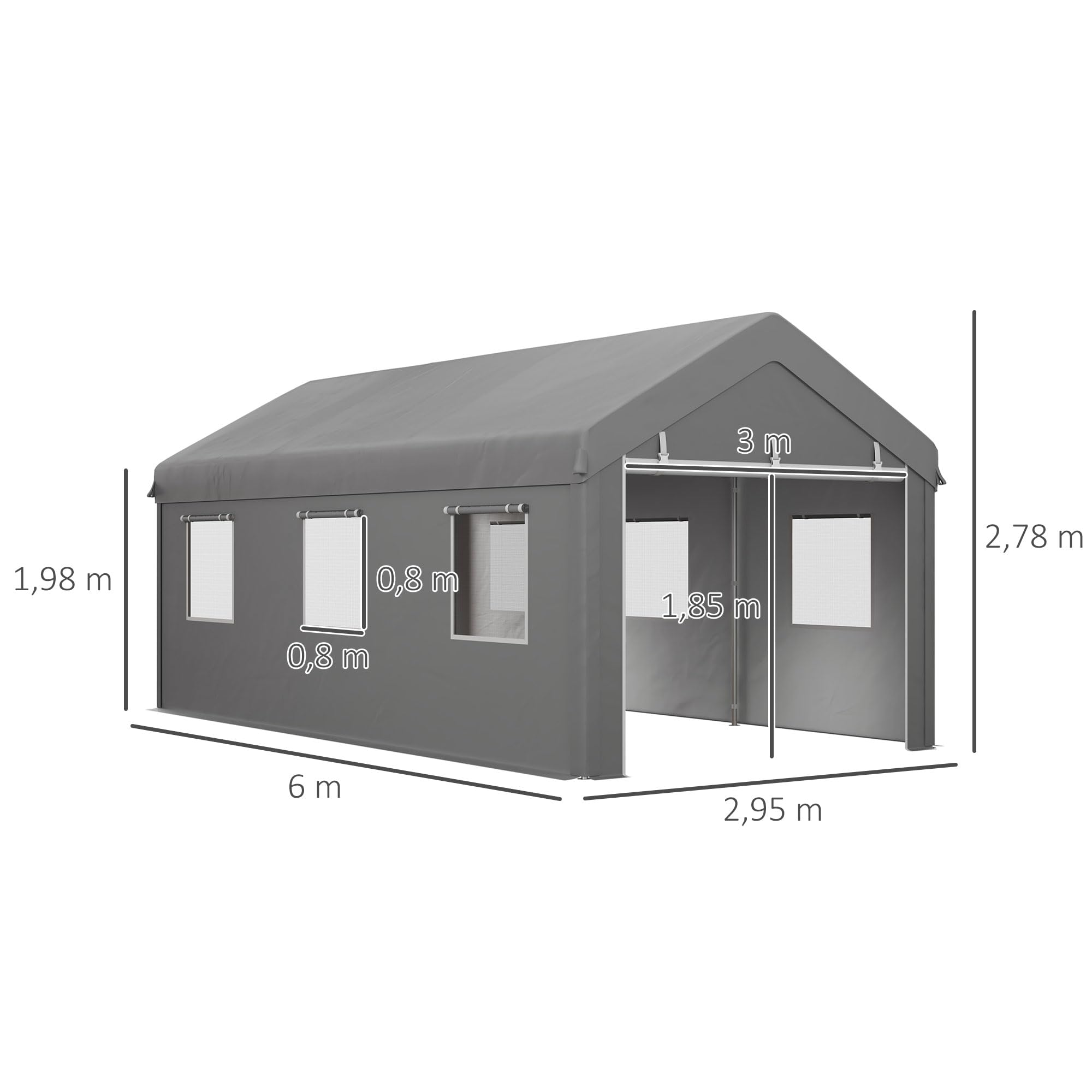 Outsunny Tente garage carport dim. 6L x 2,95l x 2,78H m robusto acciaio zincato PE ad alta densità 160 g/m² impermeabile anti-UV, 2 porte avvolgibili e 6 finestre
