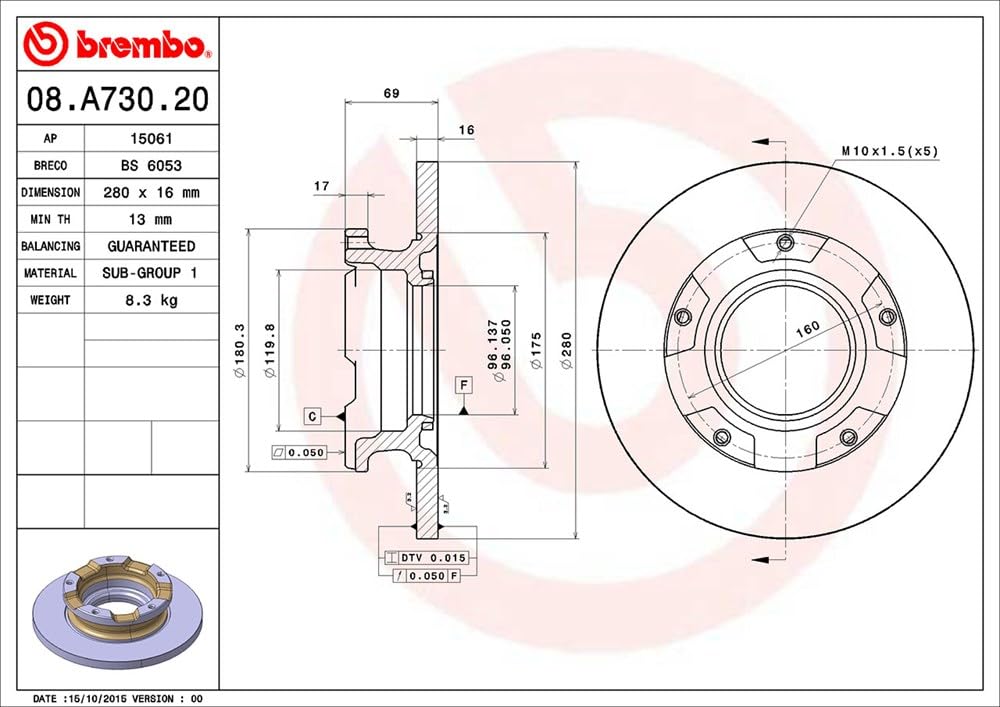 Disque De Frein Arrière Brembo - Solide, 280 Mm, Avec Bague ABS